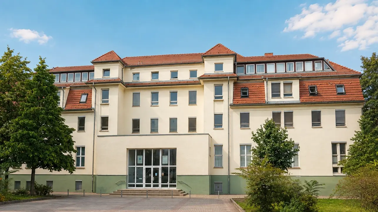 Rückseite des Gebäudes Schopenhauerstraße 37 mit der gläsernen Eingangstür zur Zahnarztpraxis und gepflastertem Hof