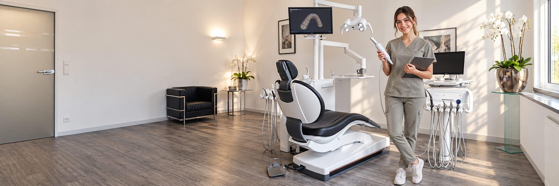 Zahnmedizinische Fachangestellte mit Intraoralscanner neben dem Behandlungsstuhl