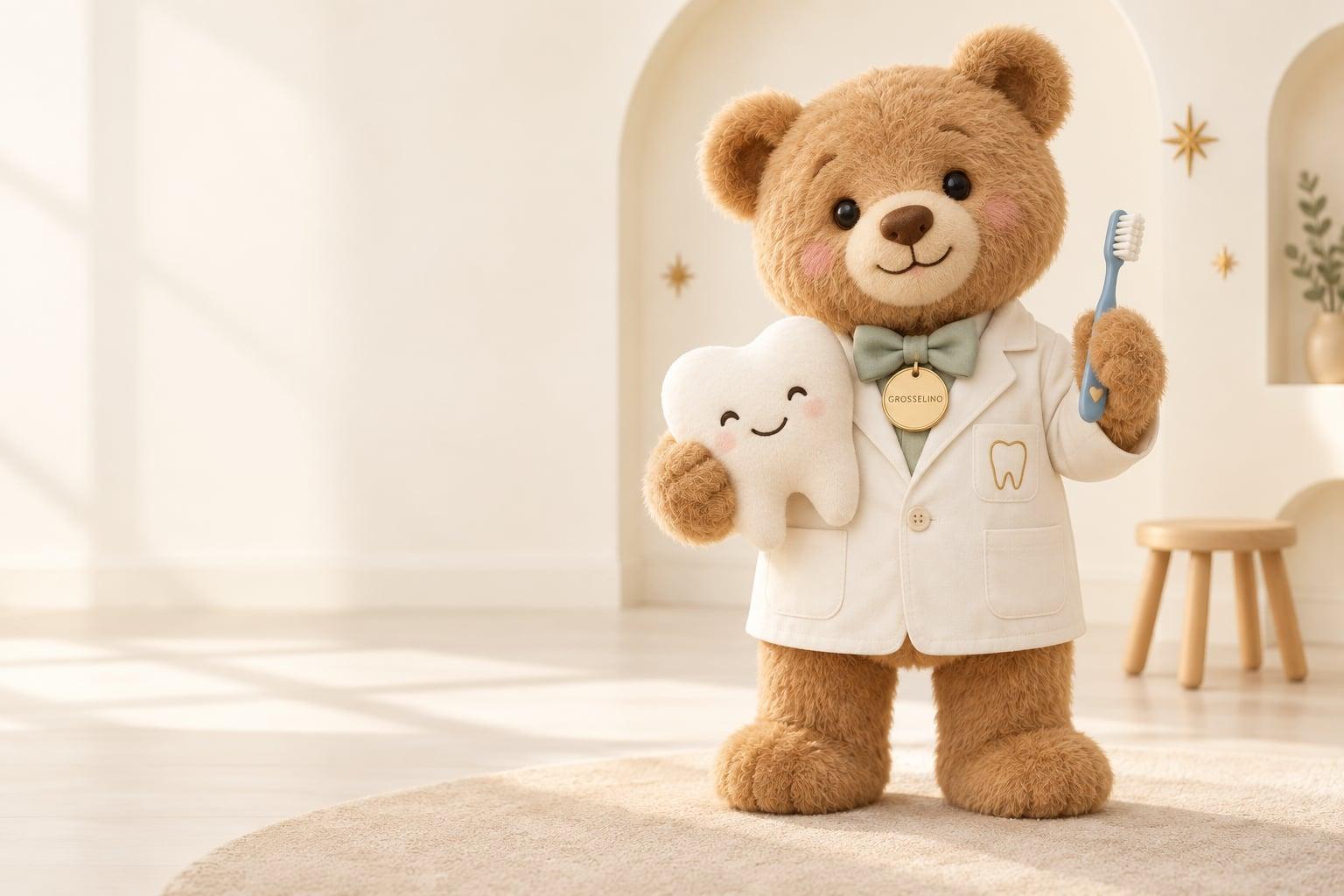 Grosselino, ein Teddybär im weißen Kittel, hält einen lachenden Zahn und eine Zahnbürste