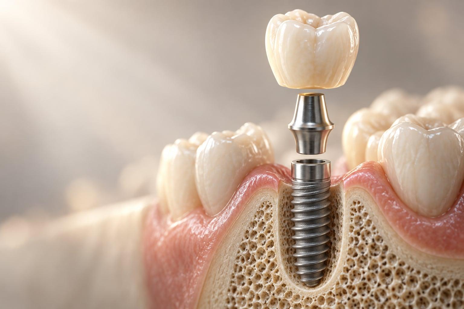Darstellung eines Implantats im Querschnitt: Krone, Verbindungsstück und Schraube im Kieferknochen