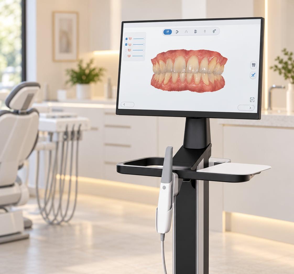 Intraoralscanner am Behandlungsplatz: das Handstück in der Halterung, auf dem Bildschirm das digitale Kiefermodell
