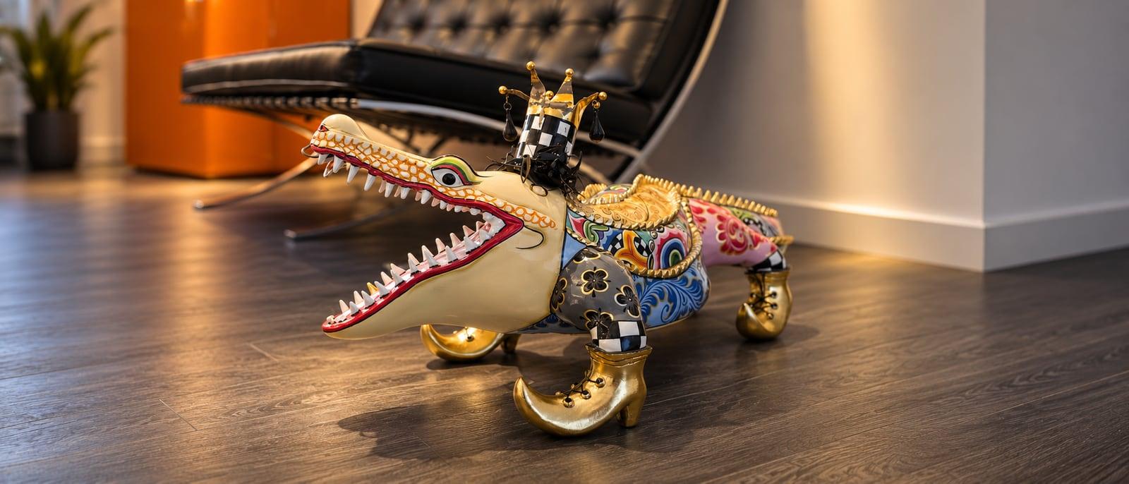 Bunt bemalte Krokodil-Skulptur mit Krone auf dem Boden des Wartebereichs