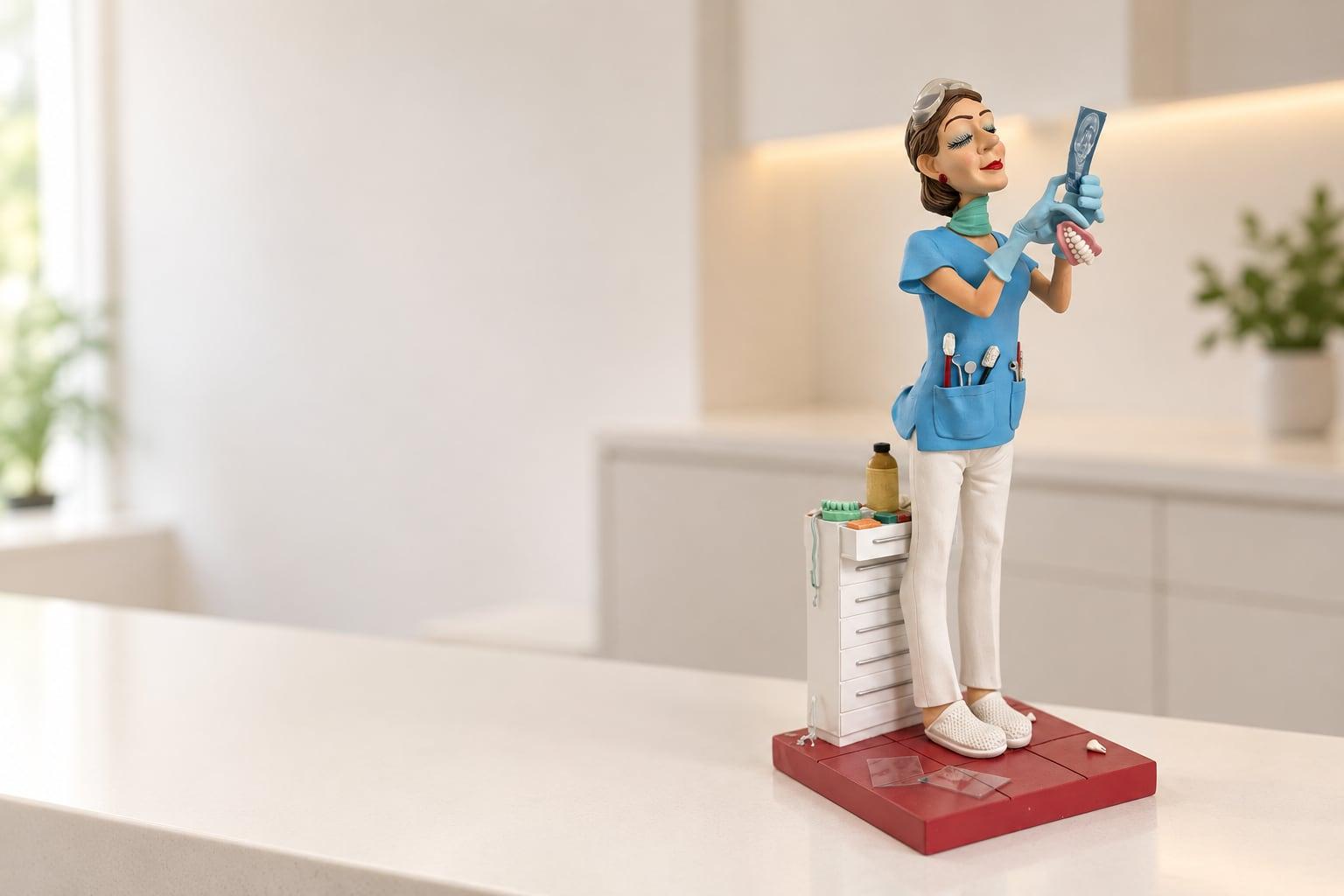 Sammelfigur einer Zahnärztin mit Röntgenbild und Gebiss auf einem Tresen