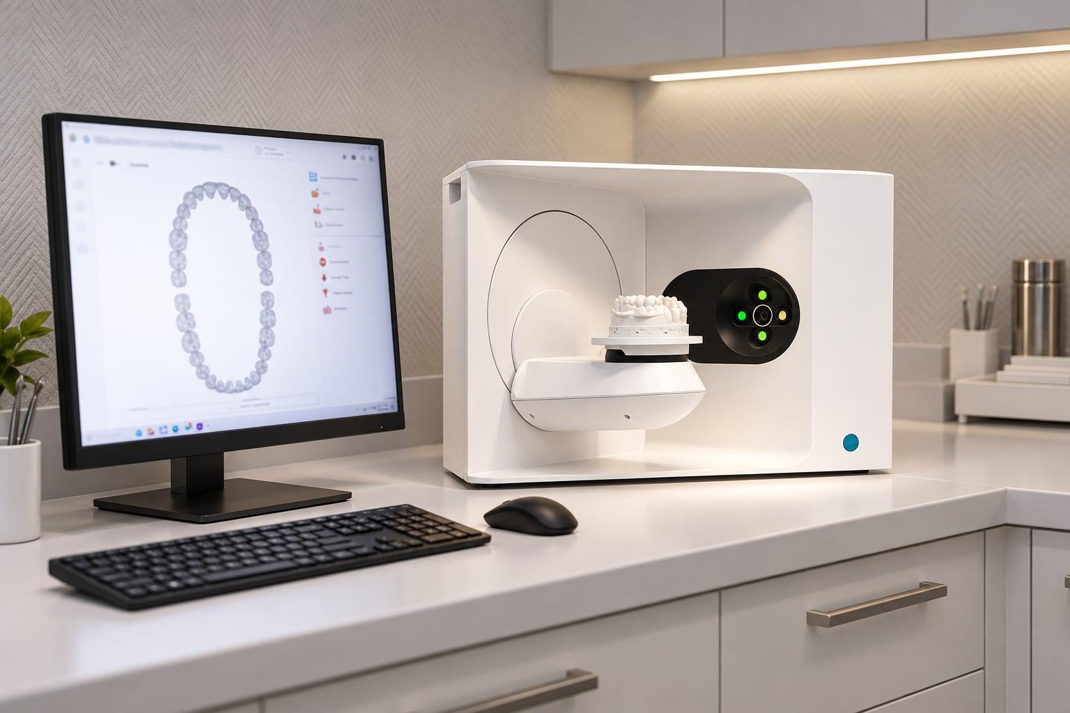 Modellscanner im Zahnlabor, daneben der Bildschirm mit dem digitalen Kiefermodell